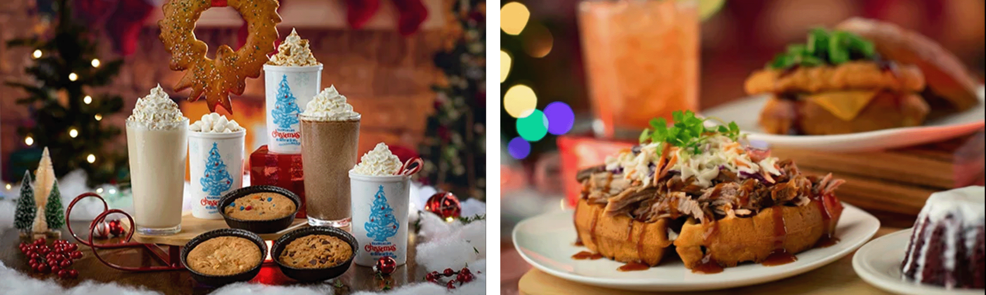 two images with christmas drinks and food